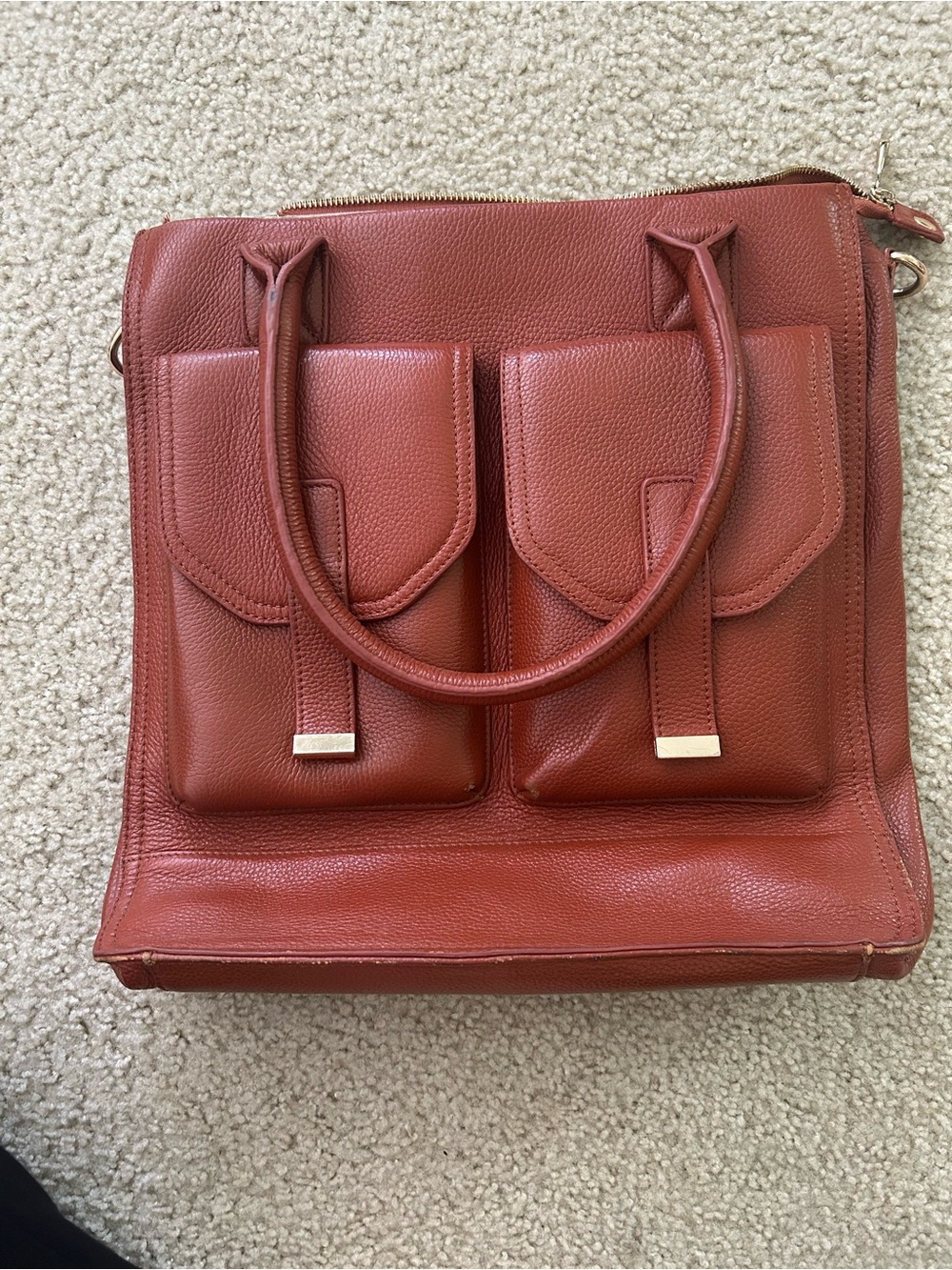 Classic Leather Tote in Brick Red with Front Pockets